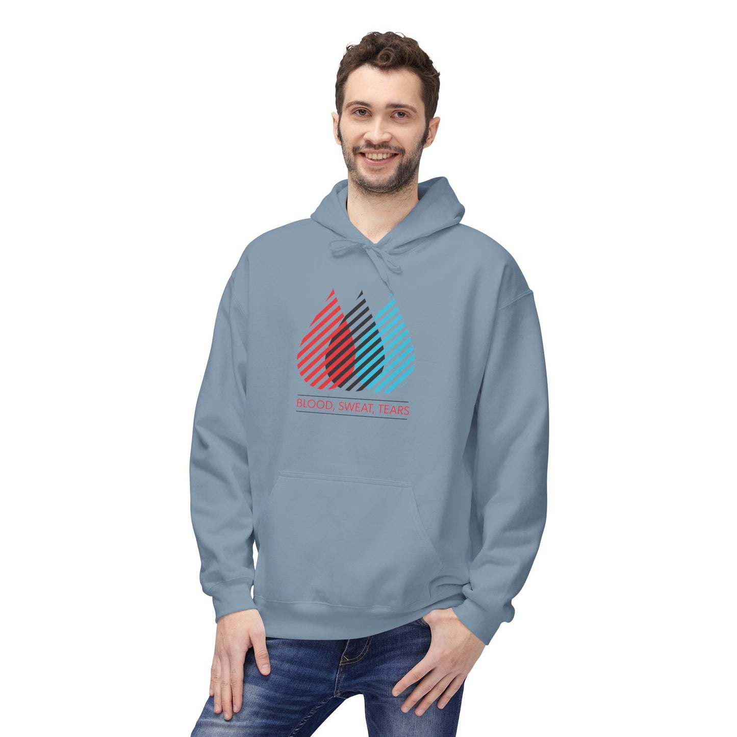 Blood Sweat Tears Graphic Hoodie — Retro Striped Droplet Design