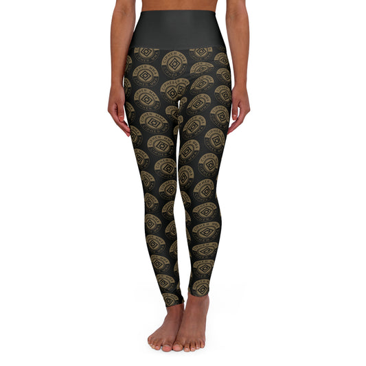 High-Waist Yoga Leggings — Gold Cipher Print (AOP)