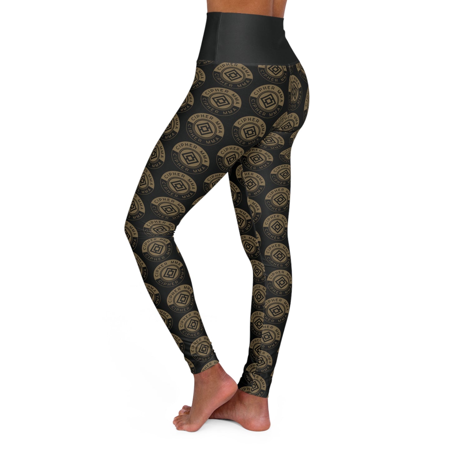 High-Waist Yoga Leggings — Gold Cipher Print (AOP)