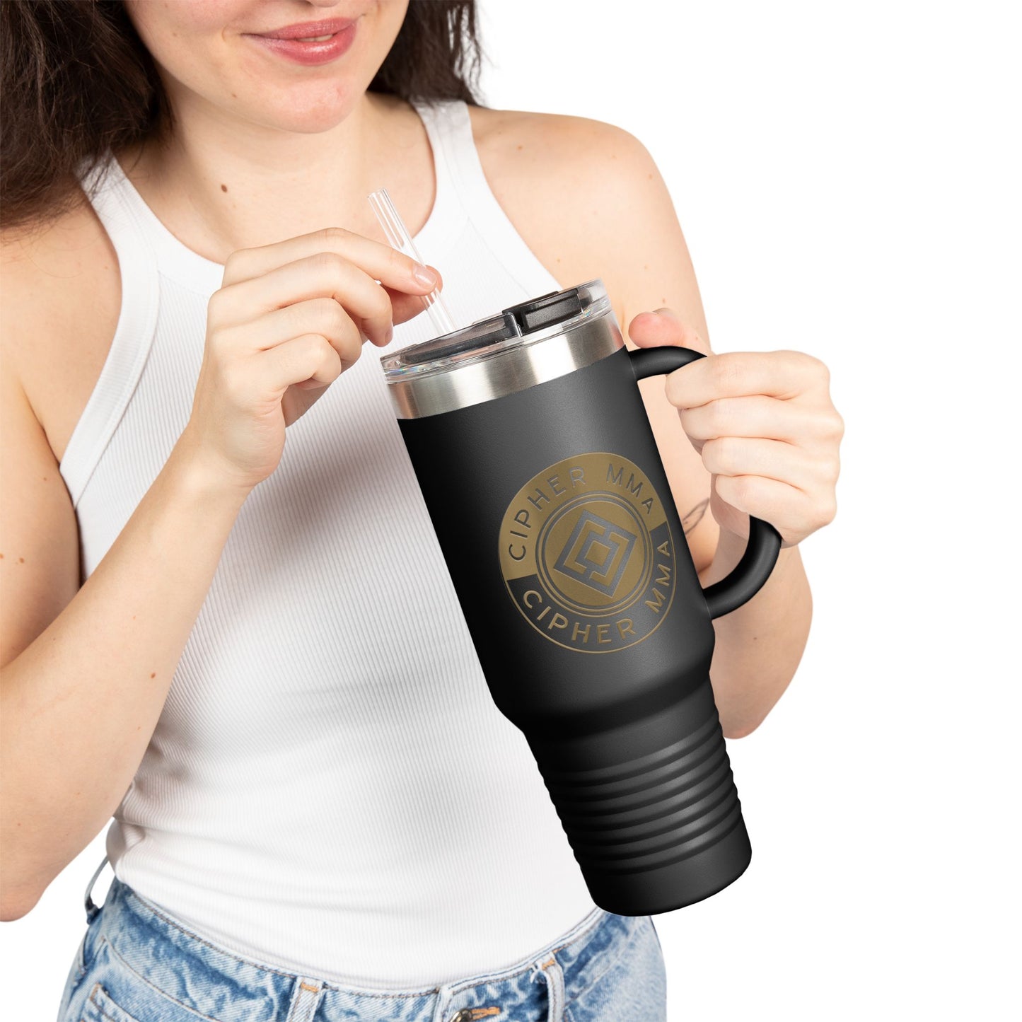 Cipher MMA 40oz Insulated Travel Mug — Large Stainless Steel Tumbler with Handle & Straw