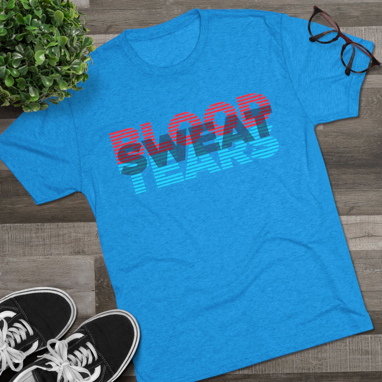 Blood Sweat & Tears Graphic Tee — Retro Red & Blue Striped Band Shirt