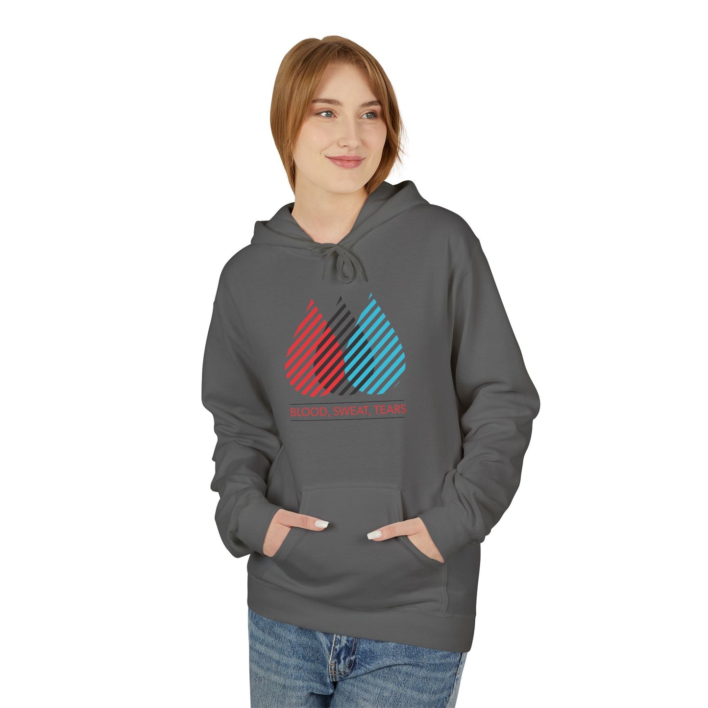 Blood Sweat Tears Graphic Hoodie — Retro Striped Droplet Design