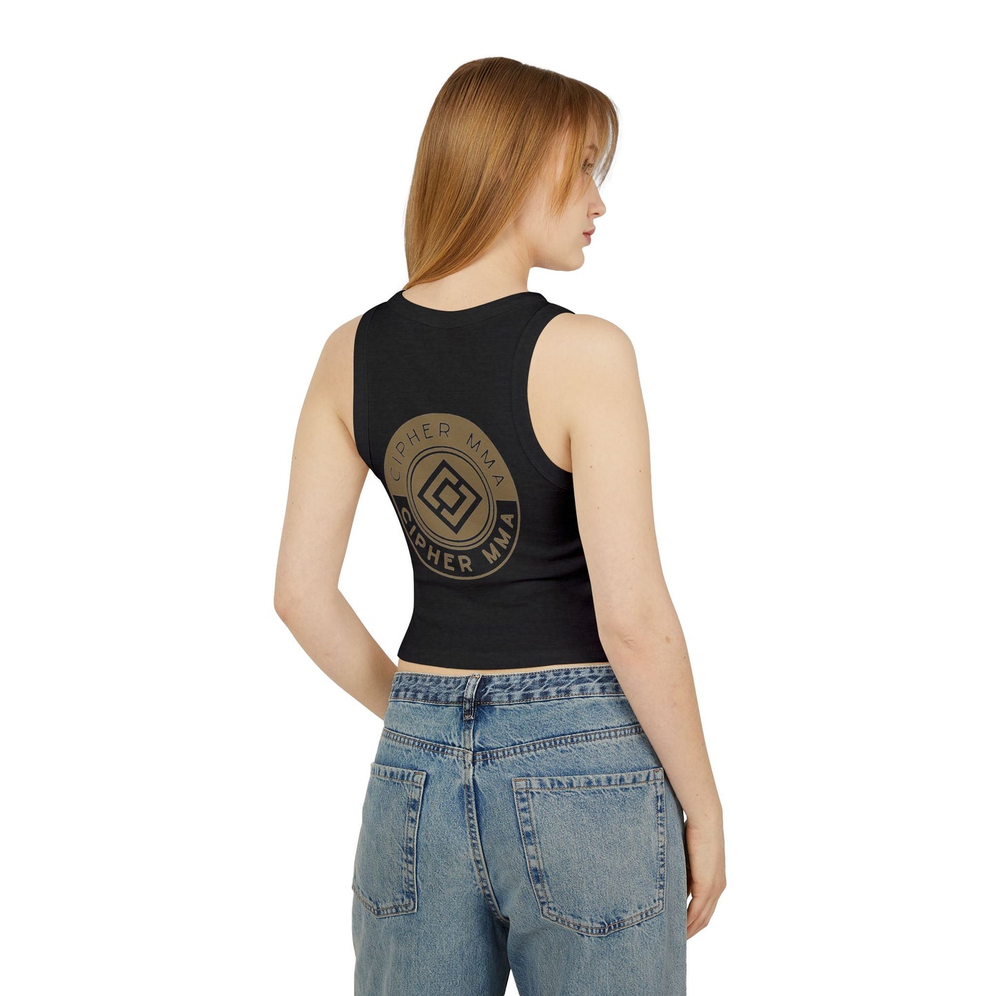 Cipher MMA Women's Racer Tank Top — Crop Fitness Tank with Gold Logo
