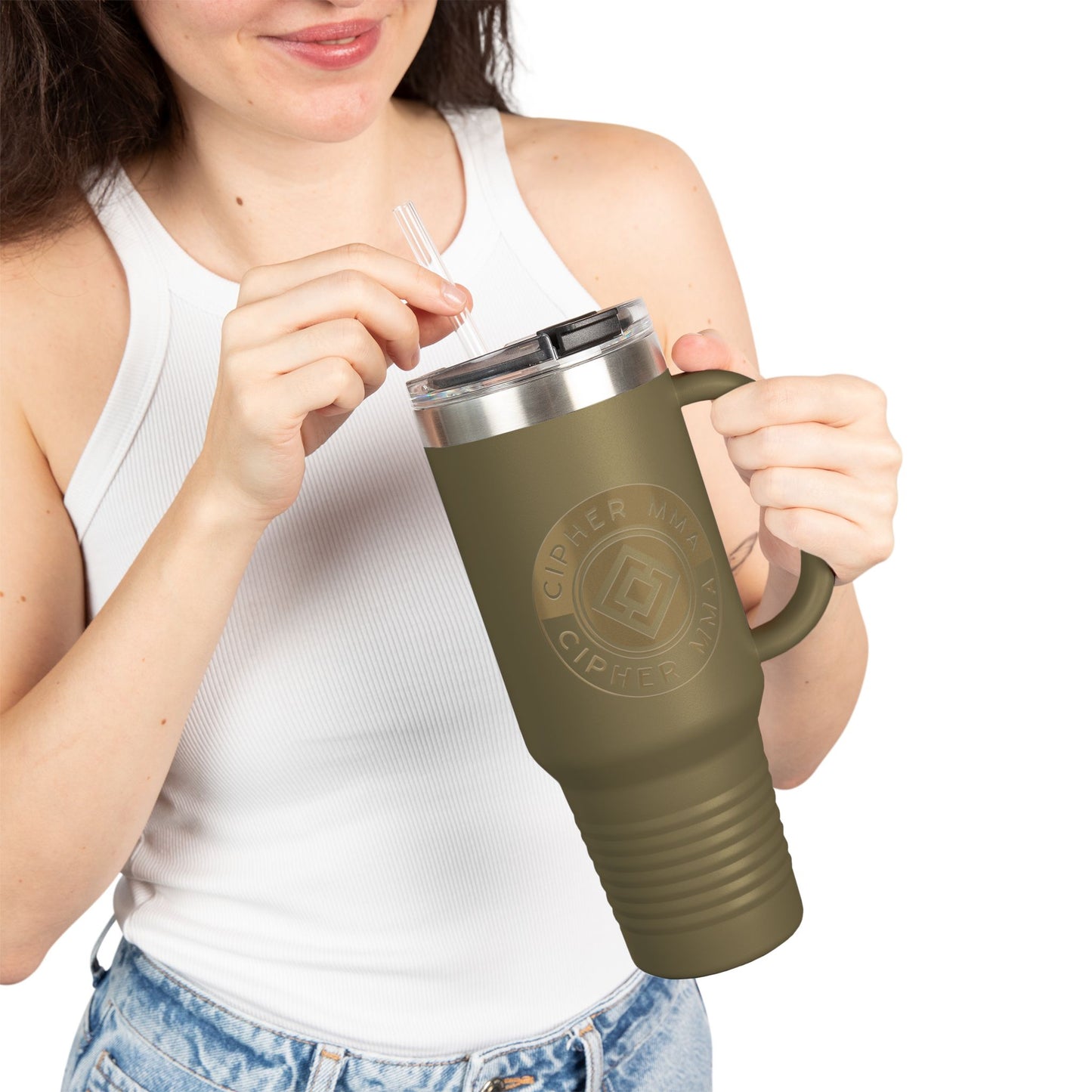 Cipher MMA 40oz Insulated Travel Mug — Large Stainless Steel Tumbler with Handle & Straw