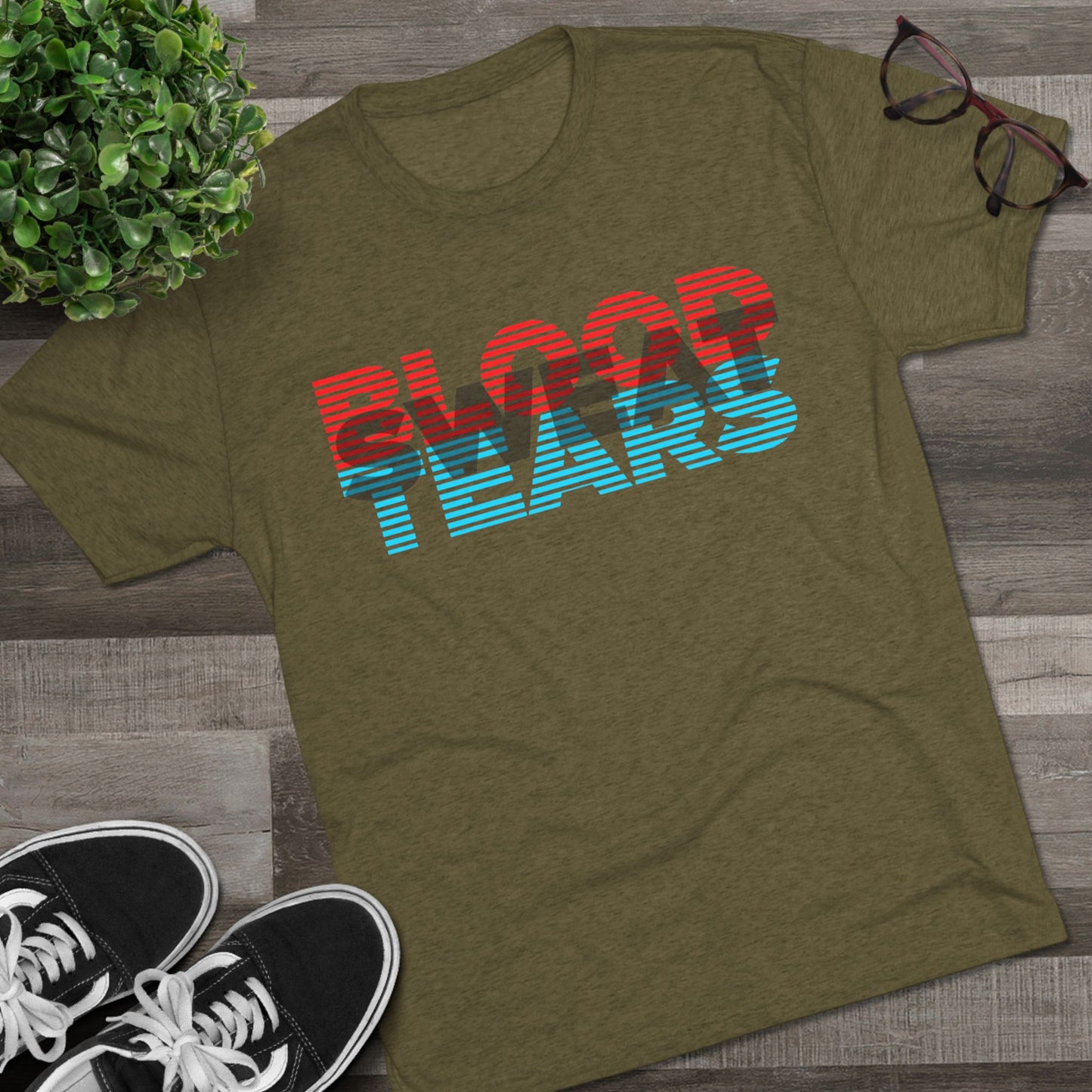 Blood Sweat & Tears Graphic Tee — Retro Red & Blue Striped Band Shirt