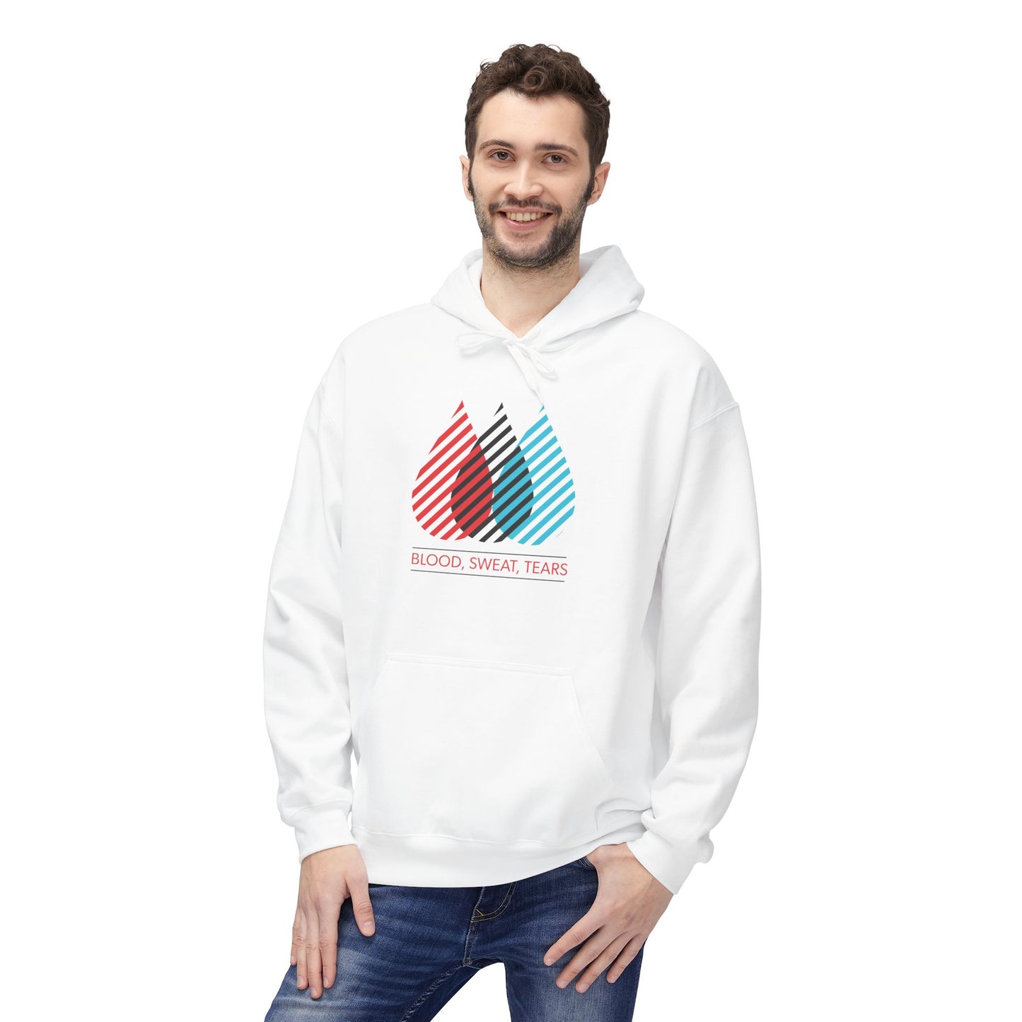 Blood Sweat Tears Graphic Hoodie — Retro Striped Droplet Design