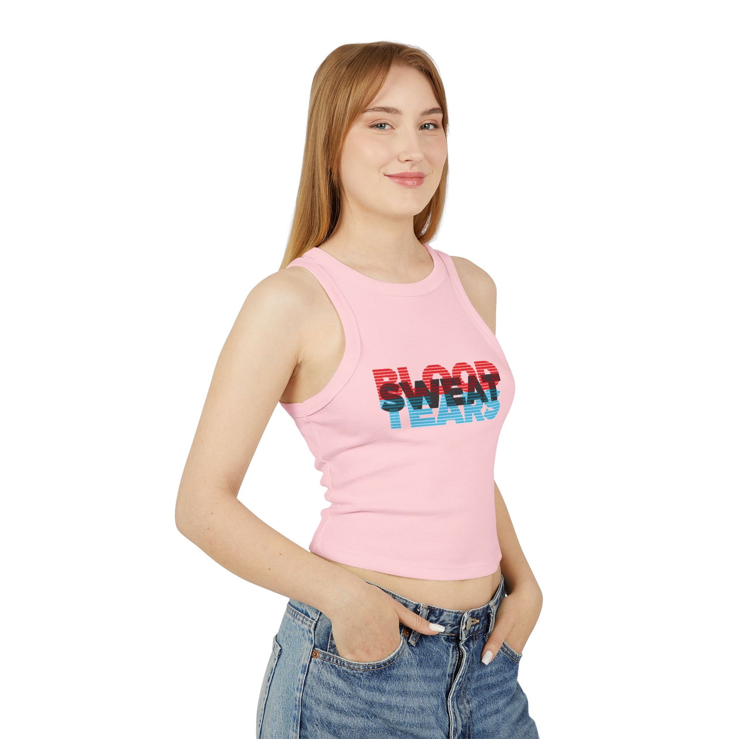 Blood Sweat & Tears Racer Tank Top — Retro Drip Graphic Crop Tank