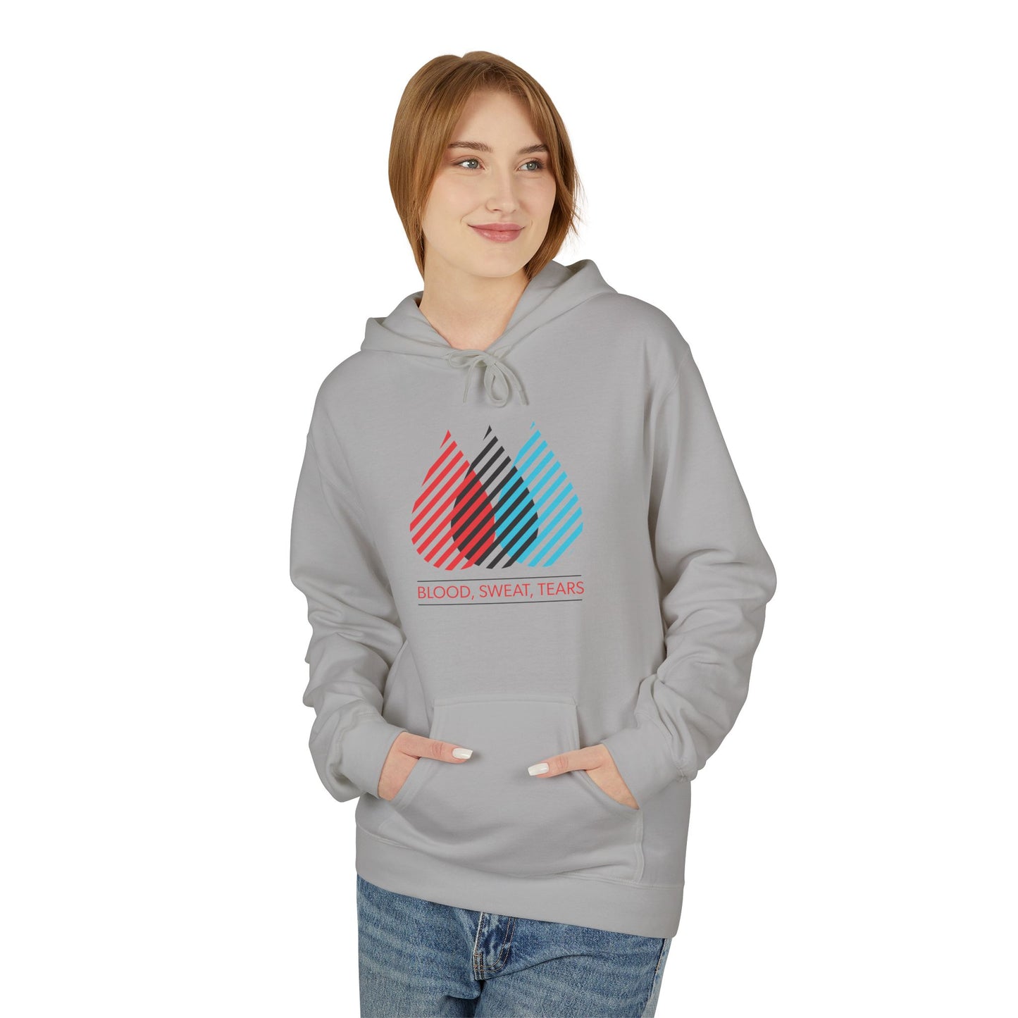 Blood Sweat Tears Graphic Hoodie — Retro Striped Droplet Design