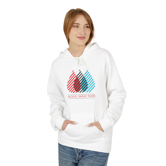 Blood Sweat Tears Graphic Hoodie — Retro Striped Droplet Design