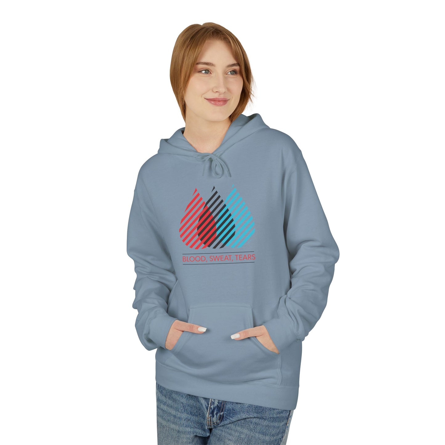Blood Sweat Tears Graphic Hoodie — Retro Striped Droplet Design