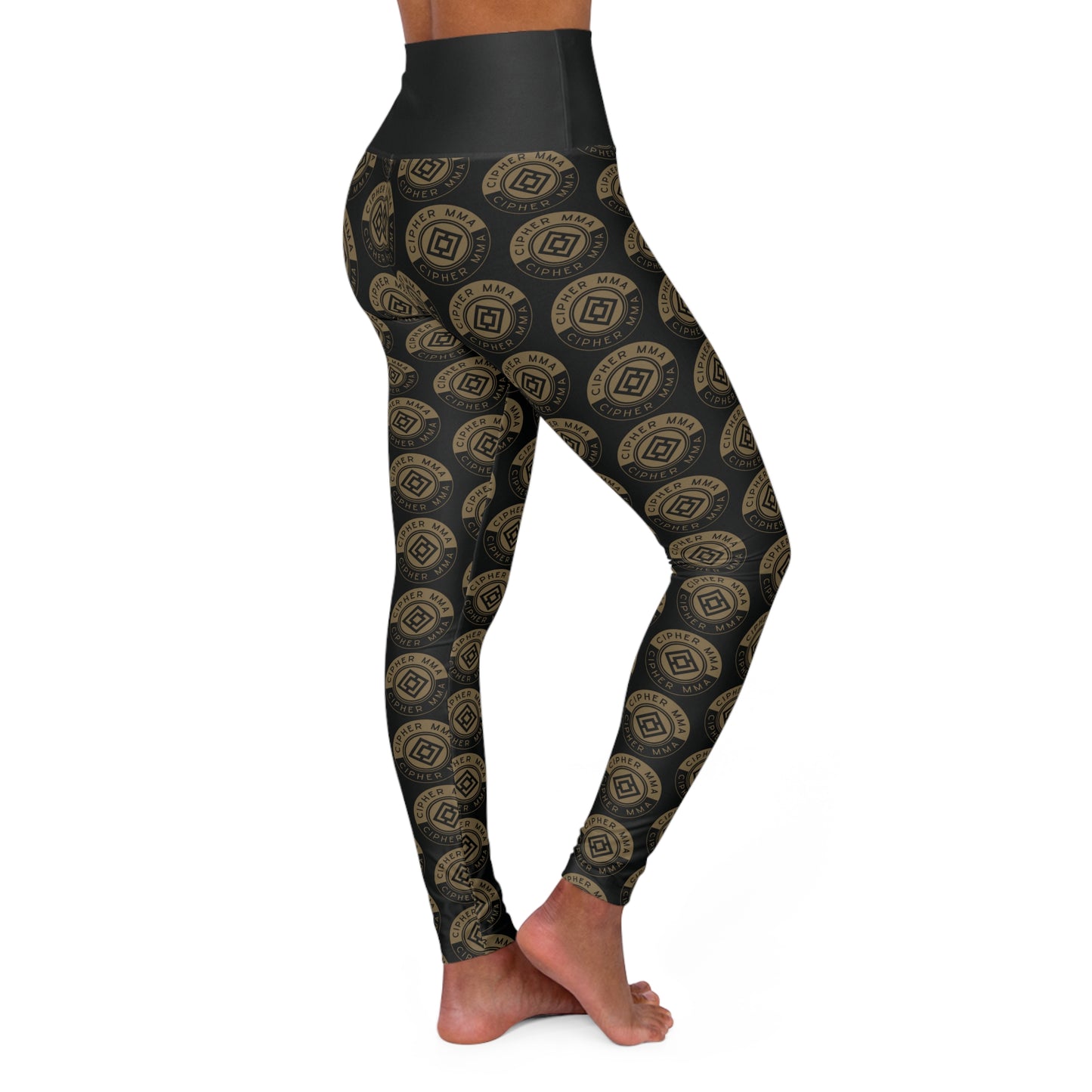 High-Waist Yoga Leggings — Gold Cipher Print (AOP)