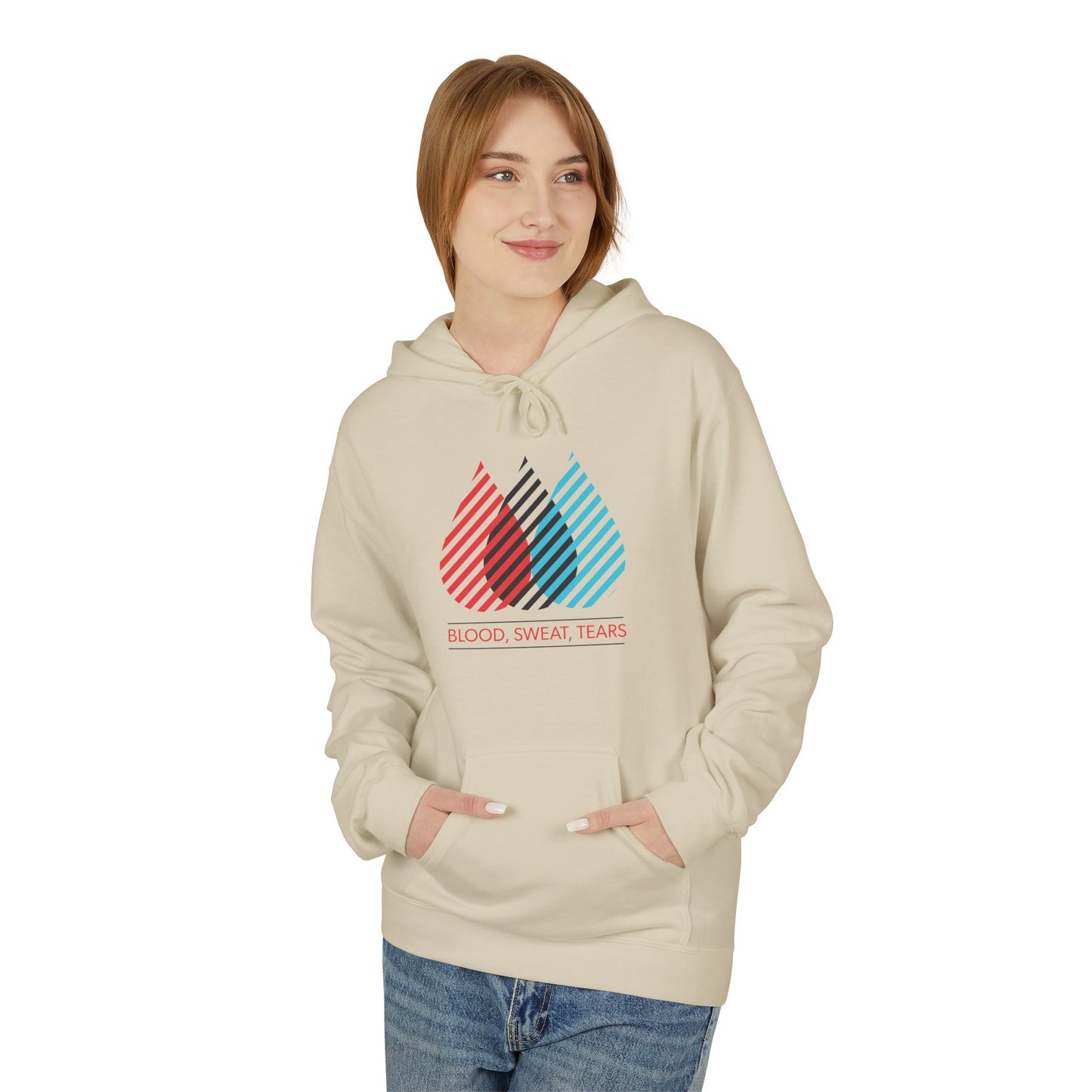 Blood Sweat Tears Graphic Hoodie — Retro Striped Droplet Design