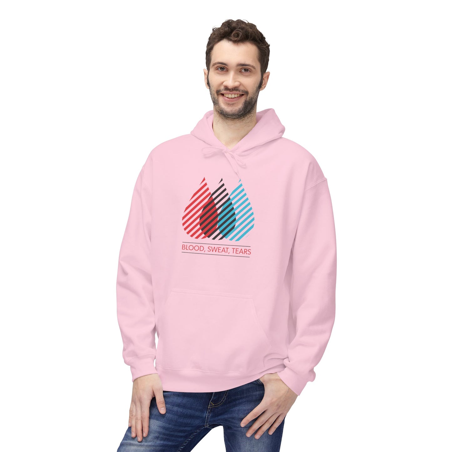Blood Sweat Tears Graphic Hoodie — Retro Striped Droplet Design