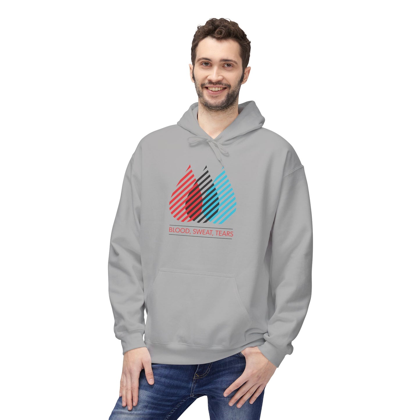 Blood Sweat Tears Graphic Hoodie — Retro Striped Droplet Design